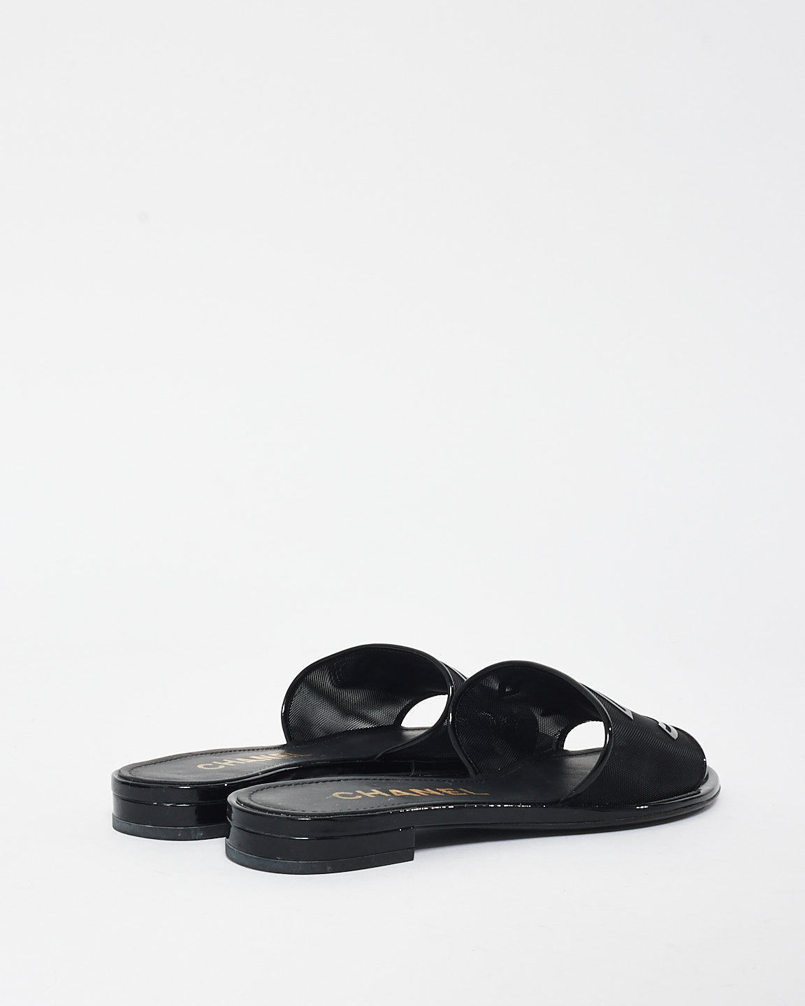 Chanel Black Mesh 
Patent Leather Logo Slides - 36C