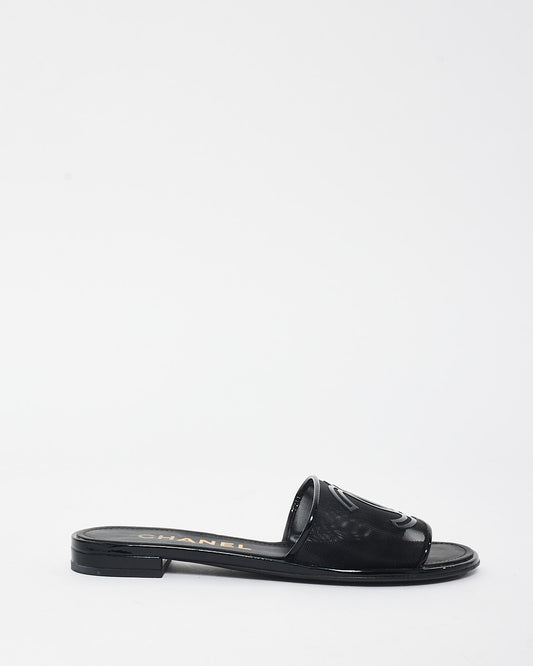 Chanel Black Mesh 
Patent Leather Logo Slides - 36C