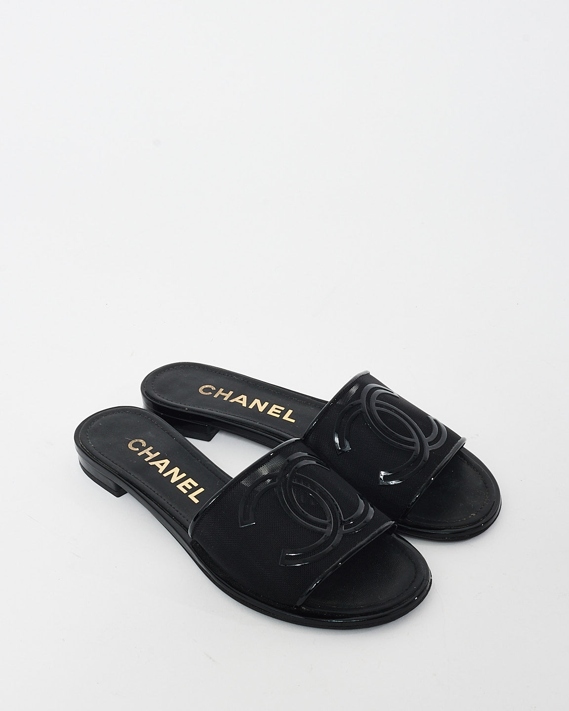 Chanel Black Mesh 
Patent Leather Logo Slides - 36C