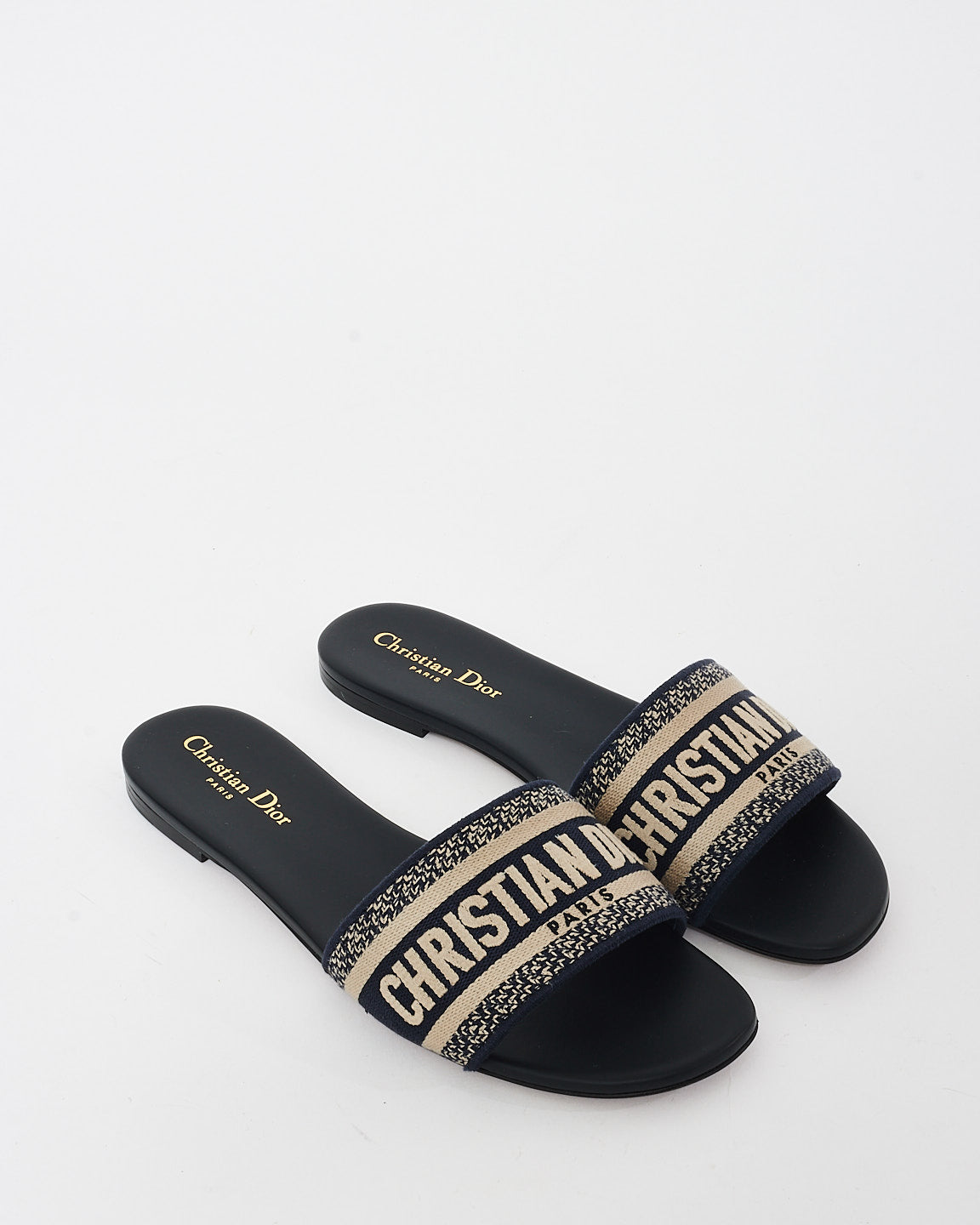 Dior Navy Blue 
Cream Embroidered Cotton D WAY Slides - 41