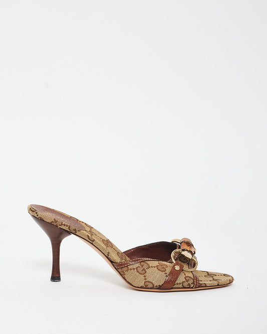 Gucci Vintage Brown Monogram Canvas 
Bamboo Horsebit Mule Heel Sandals - 7.5B