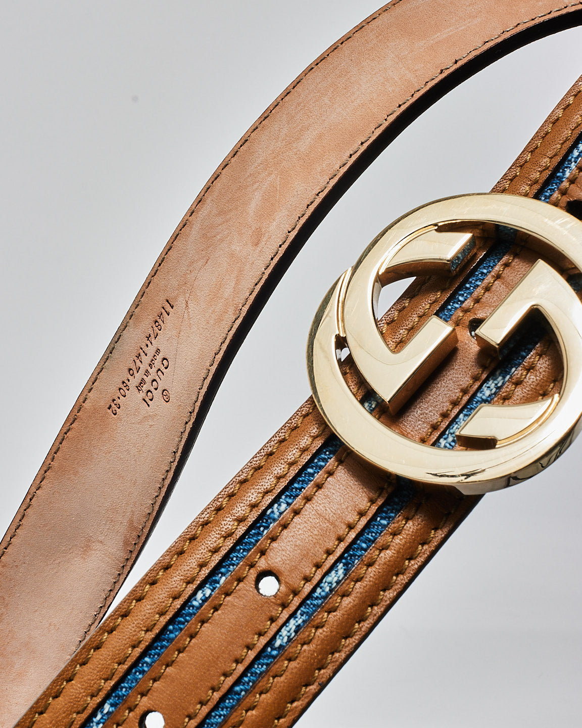 Gucci Brown Leather 
Denim Monogram Logo Belt - 80/32