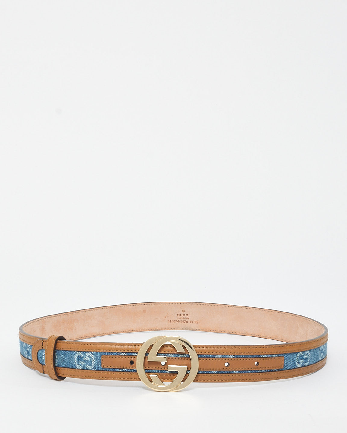 Gucci Brown Leather 
Denim Monogram Logo Belt - 80/32