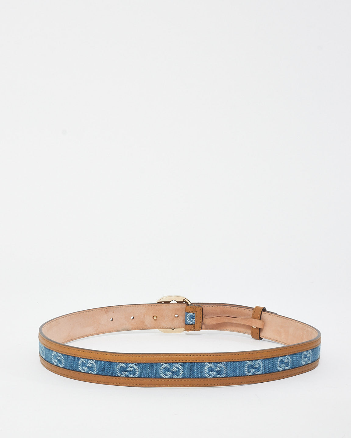 Gucci Brown Leather 
Denim Monogram Logo Belt - 80/32