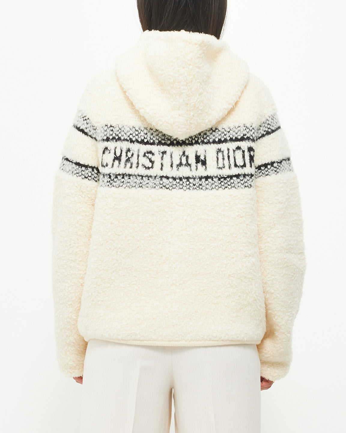 Dior Cream Cashmere/Wool Zipper Hooded Logo Jacket Sweater - S