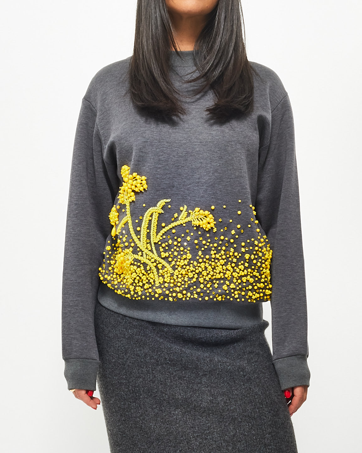 Prada Grey 
Yellow Beaded Crewneck Sweater - XS