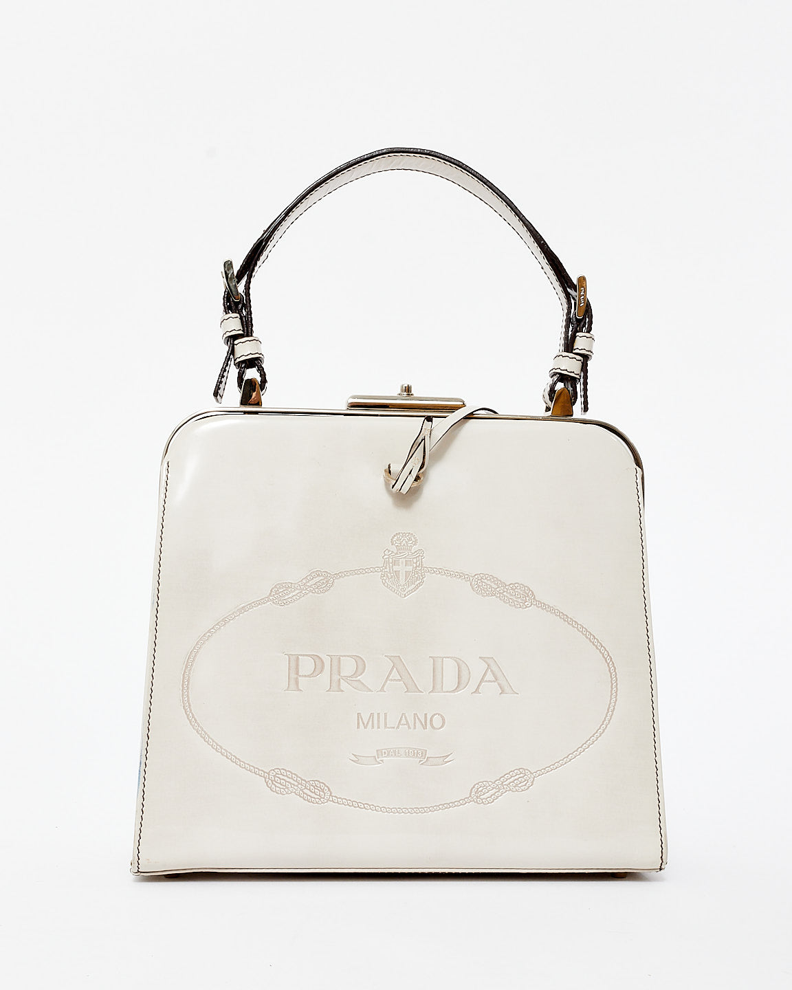 Prada Vintage Light Grey Patent Leather Spazzolato Logo Bag