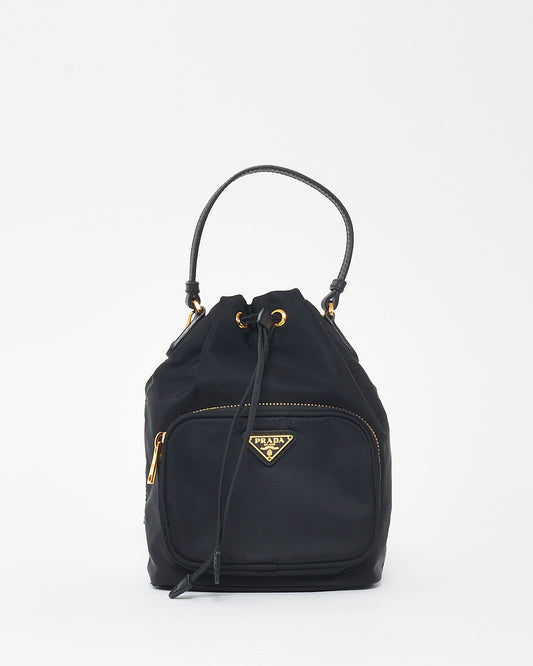 Prada Black Nylon Duet Drawstring Logo Crossbody Bucket Bag