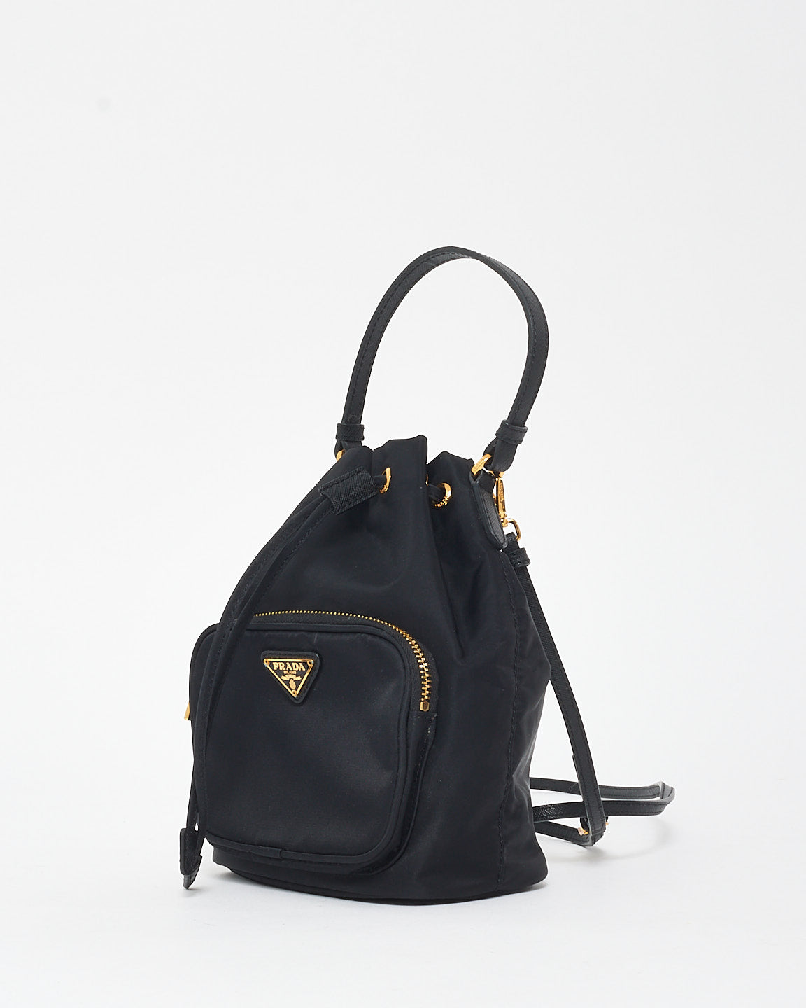 Prada Black Nylon Duet Drawstring Logo Crossbody Bucket Bag