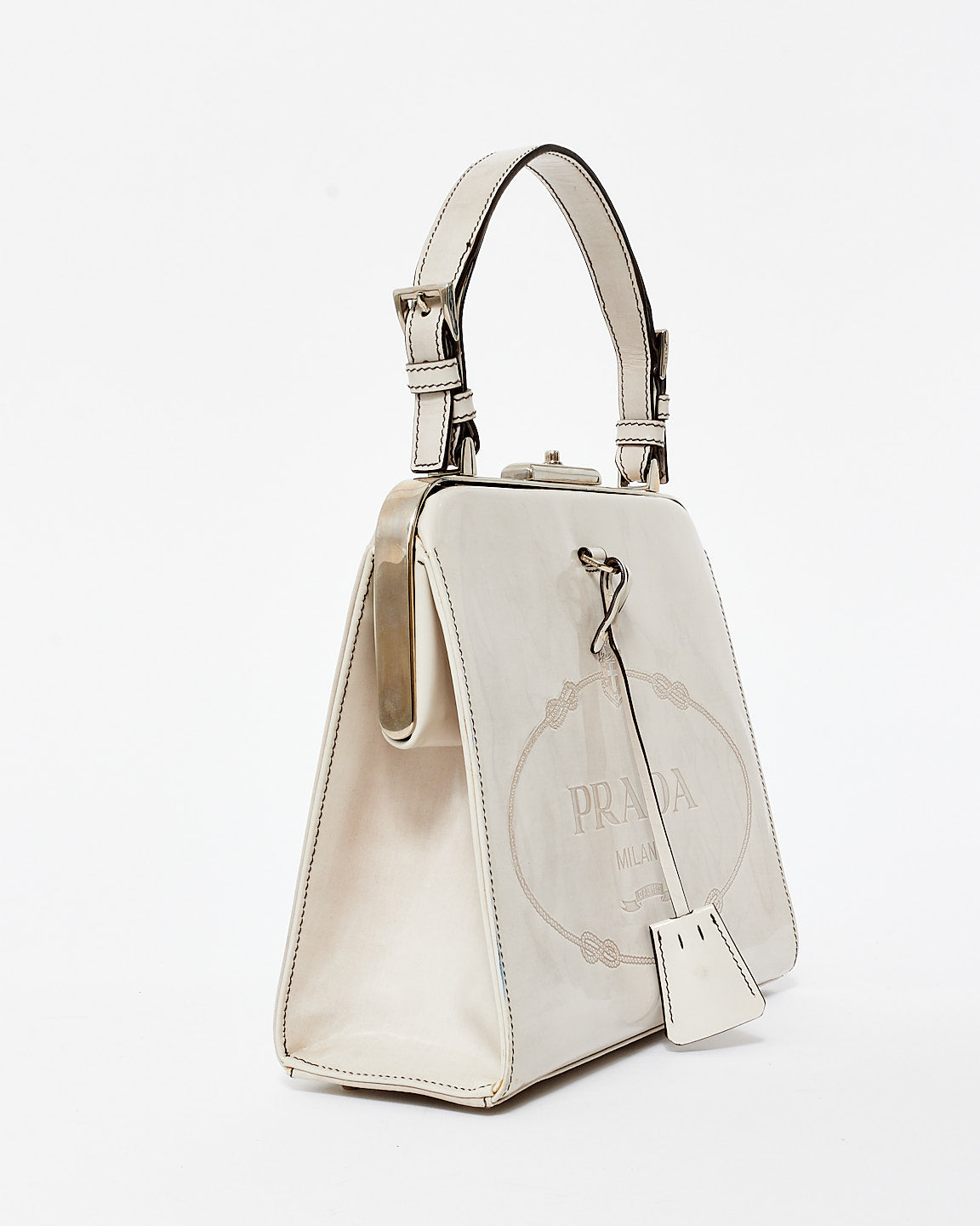 Prada Vintage Light Grey Patent Leather Spazzolato Logo Bag