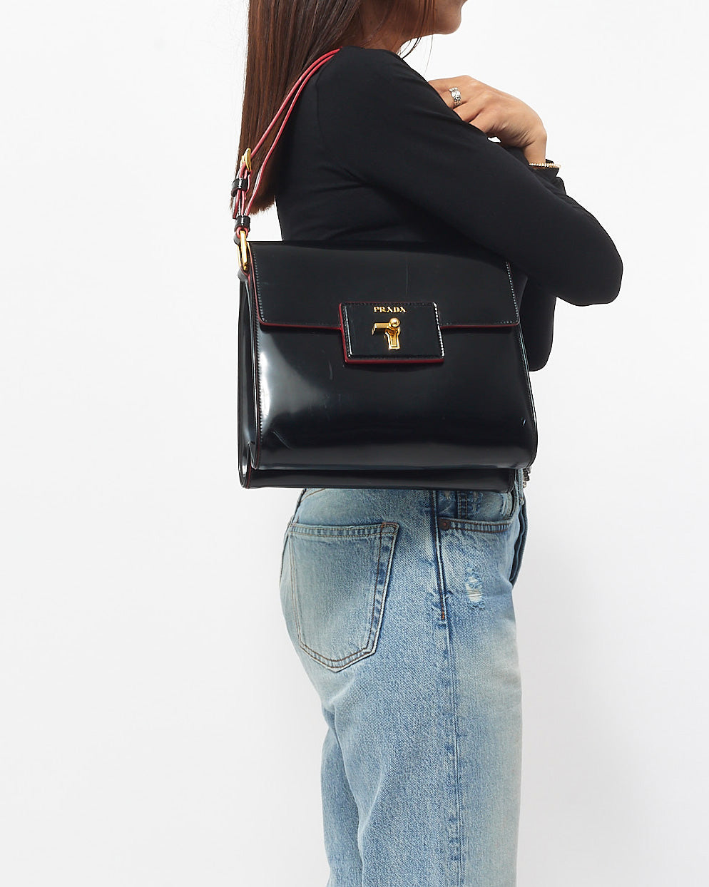 Prada Vintage Black Leather 
Red Lining Shoulder Bag