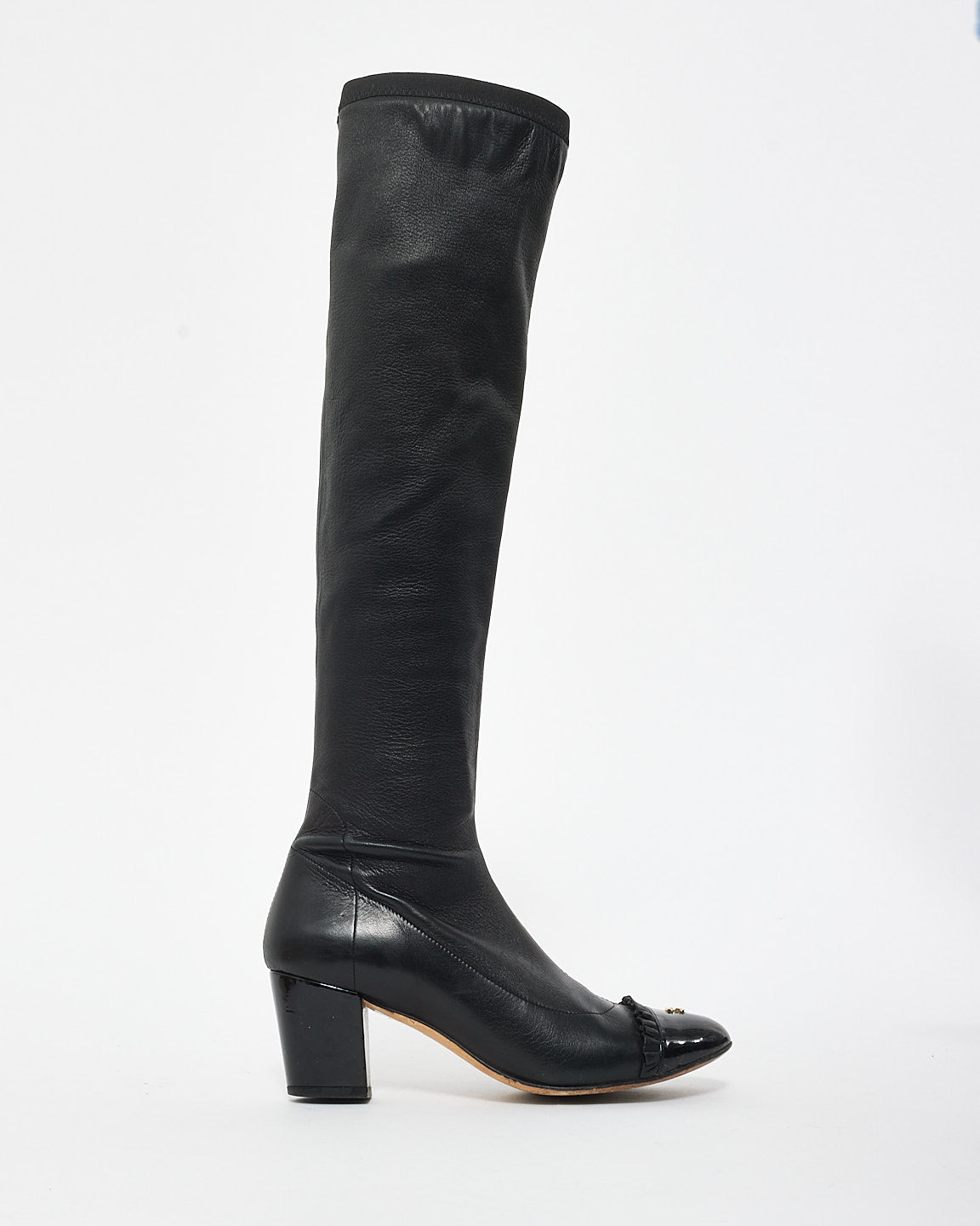 Chanel Vintage Black Lambskin Patent Cap Toe Knee High Stretch Boots - 35.5