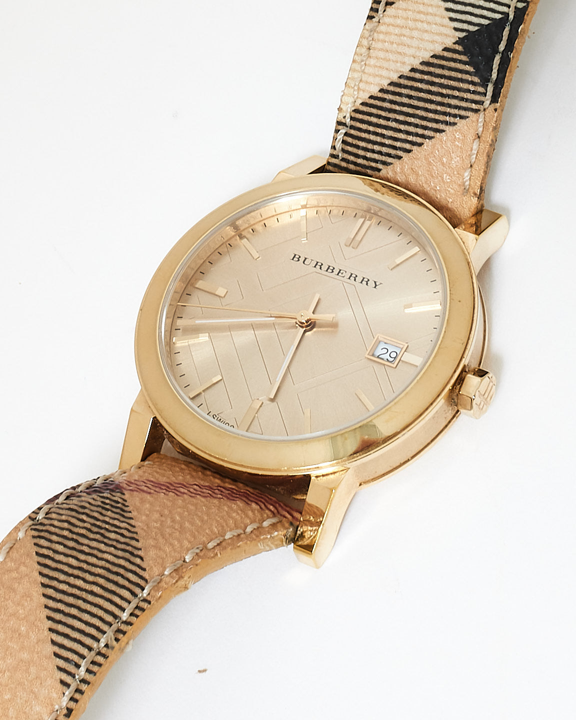 Burberry Champagne Dial 
Leather Nova Check Band City 36 MM Watch