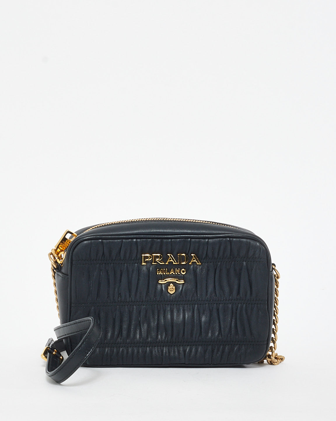 Prada Black Leather Gauffre Logo Camera Bag