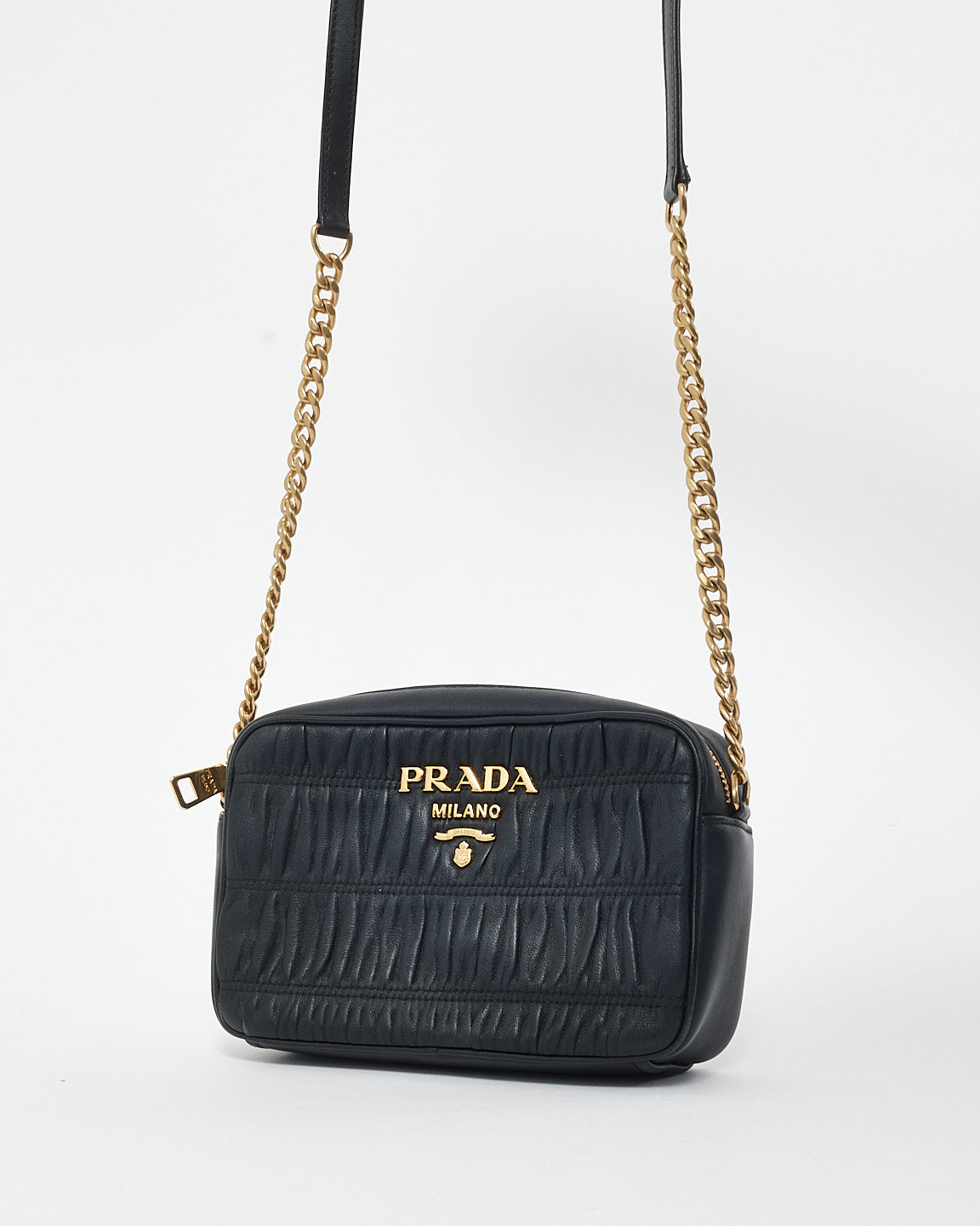 Prada Black Leather Gauffre Logo Camera Bag