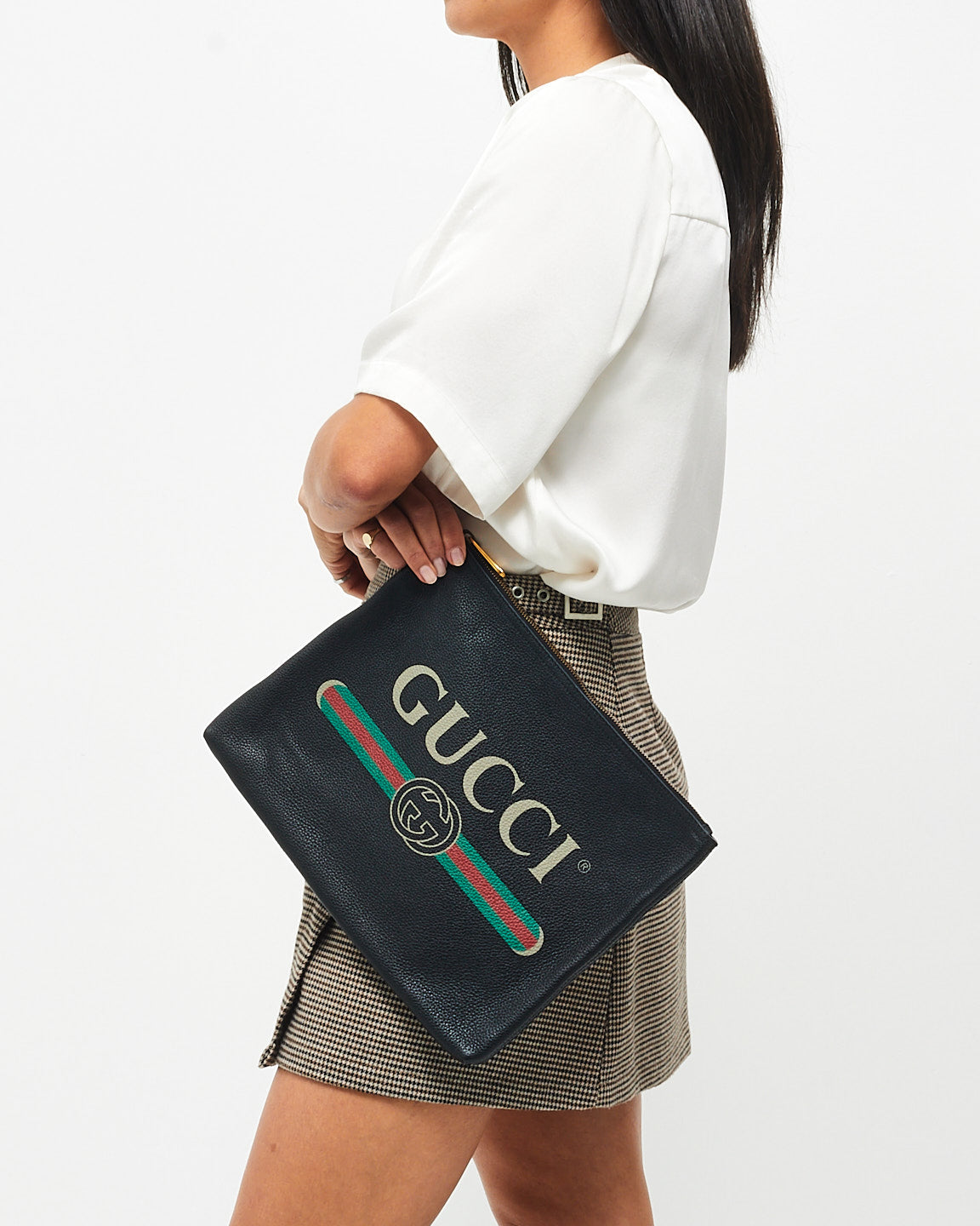 Gucci Black Leather Logo With Green 
Red Web Clutch