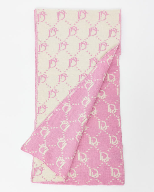 Dior Vintage White 
Pink Logo Wool Reversible Scarf