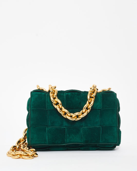 Bottega Veneta Forest Green Suede 
Gold Chain Padded Cassette