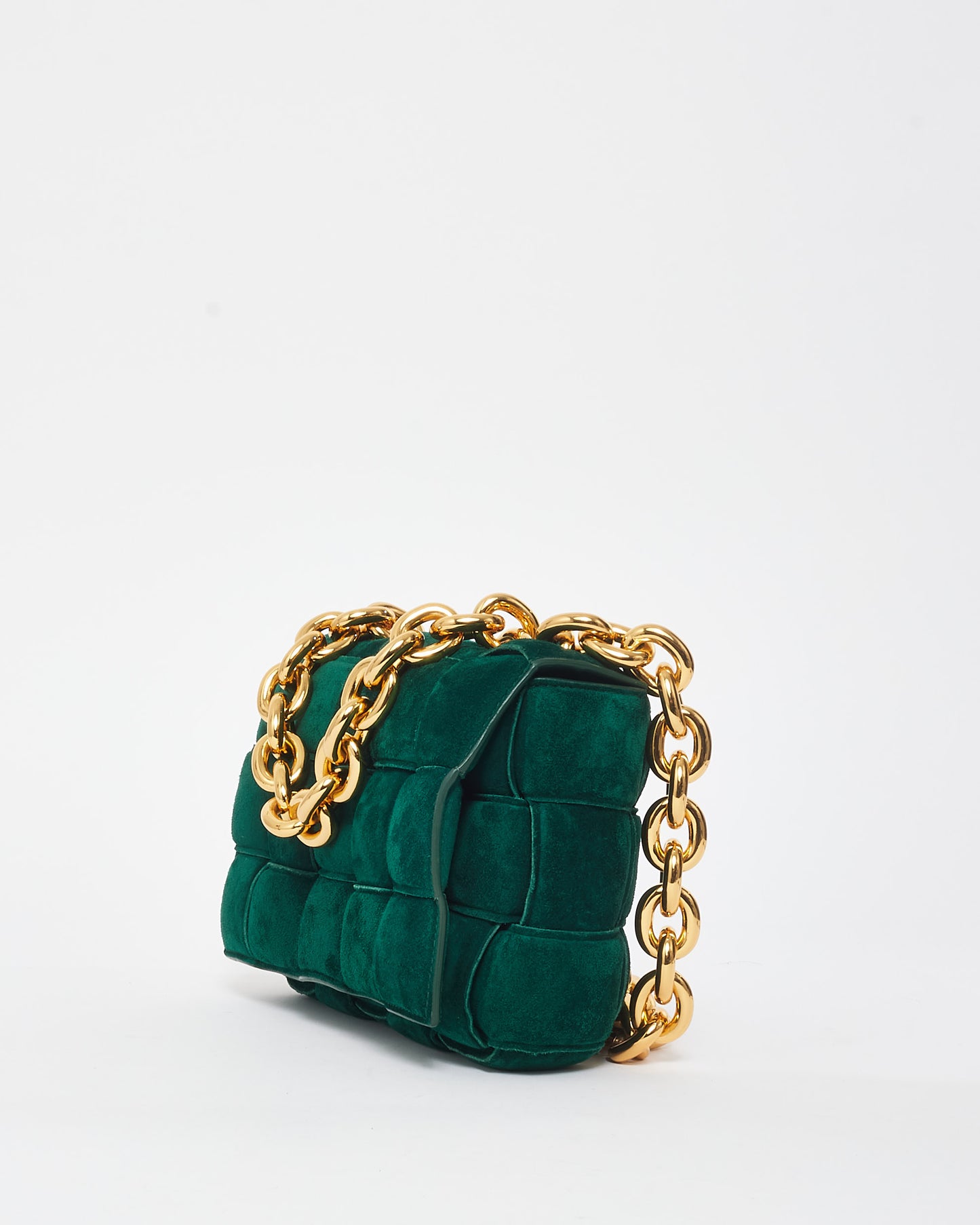 Bottega Veneta Forest Green Suede 
Gold Chain Padded Cassette