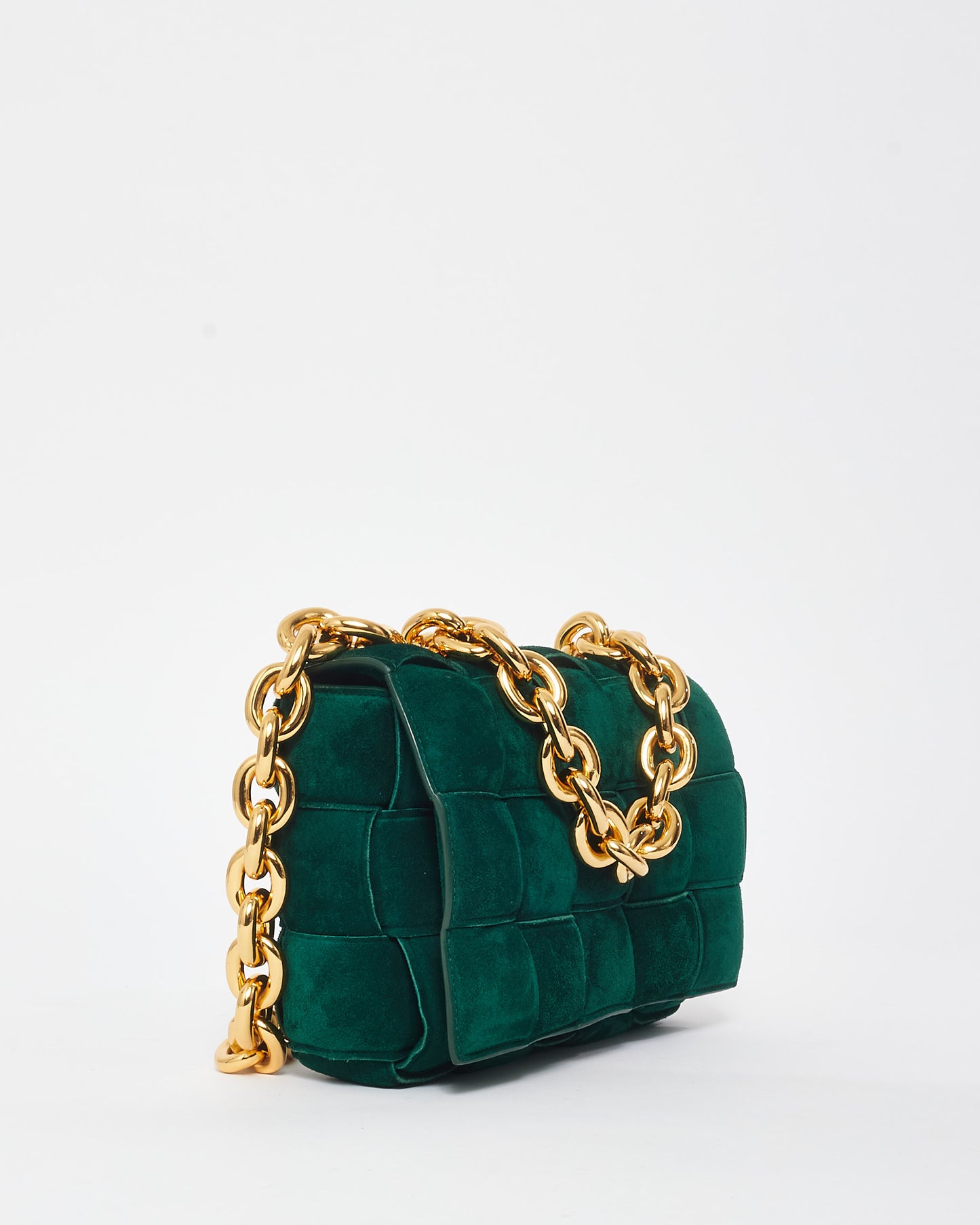 Bottega Veneta Forest Green Suede 
Gold Chain Padded Cassette