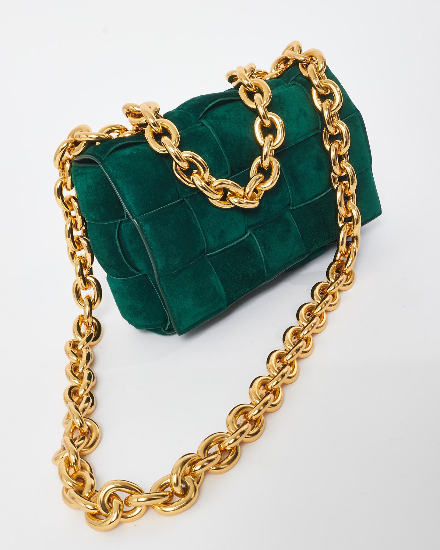 Bottega Veneta Forest Green Suede 
Gold Chain Padded Cassette