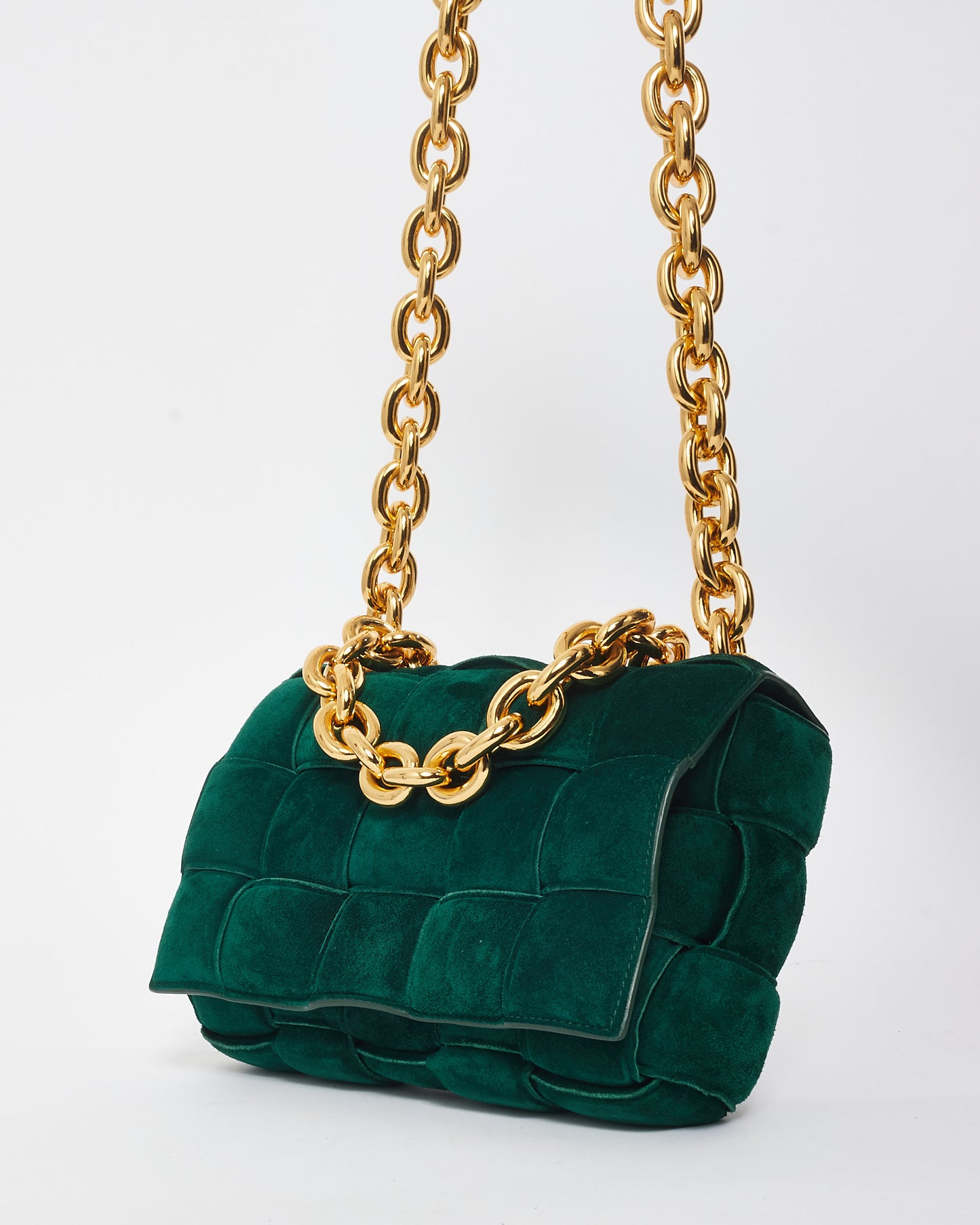 Bottega Veneta Forest Green Suede 
Gold Chain Padded Cassette