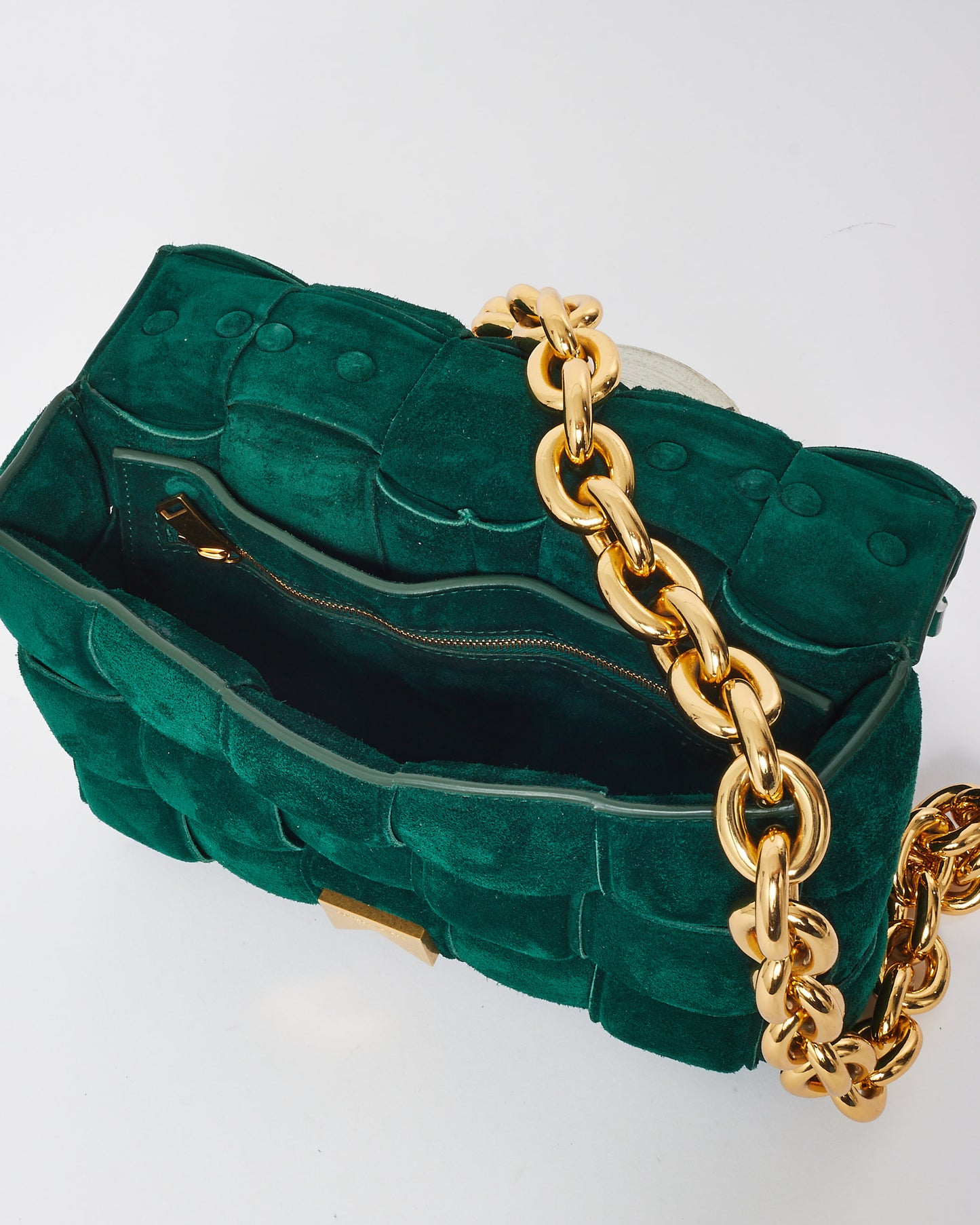 Bottega Veneta Forest Green Suede 
Gold Chain Padded Cassette