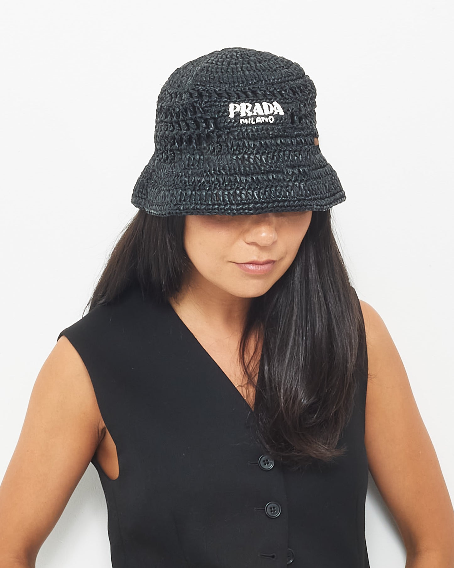 Prada Black Woven Crochet Logo Bucket Hat - M