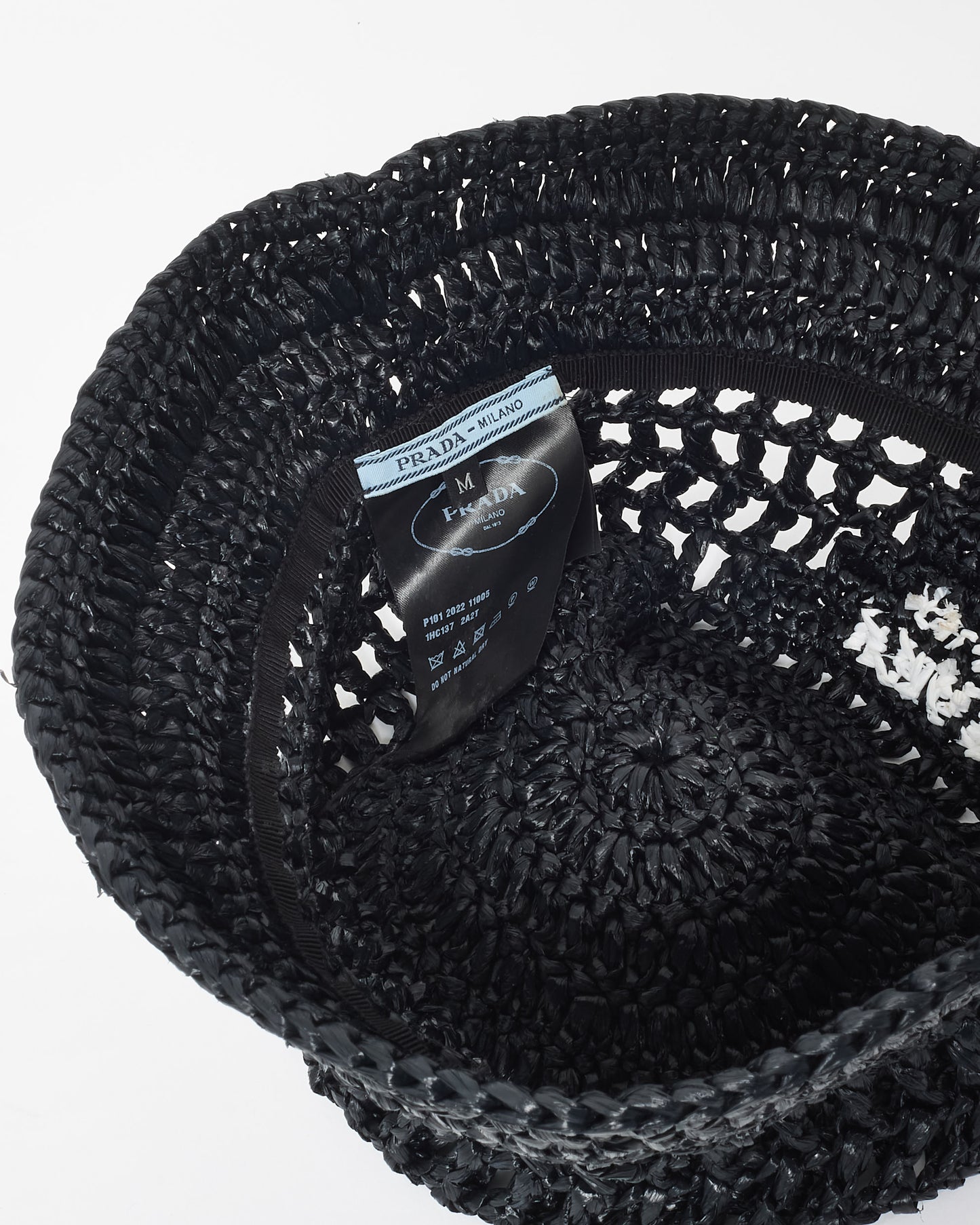 Prada Black Woven Crochet Logo Bucket Hat - M