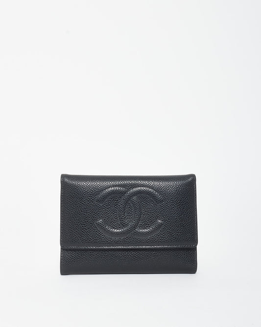 Chanel Vintage Black Caviar Leather Embossed Logo Flap Wallet