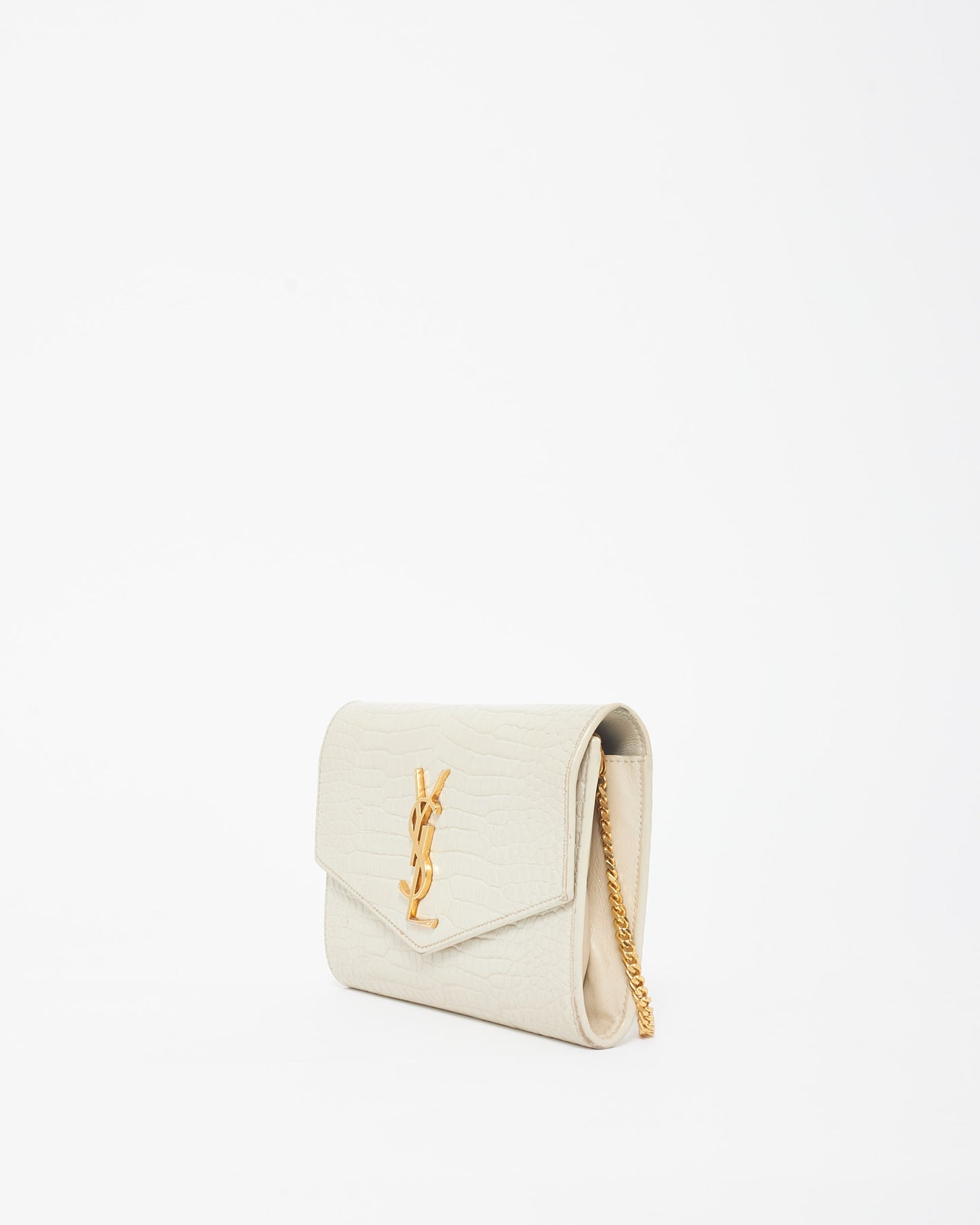 Saint Laurent Cream Croc Embossed Uptown Wallet On Chain