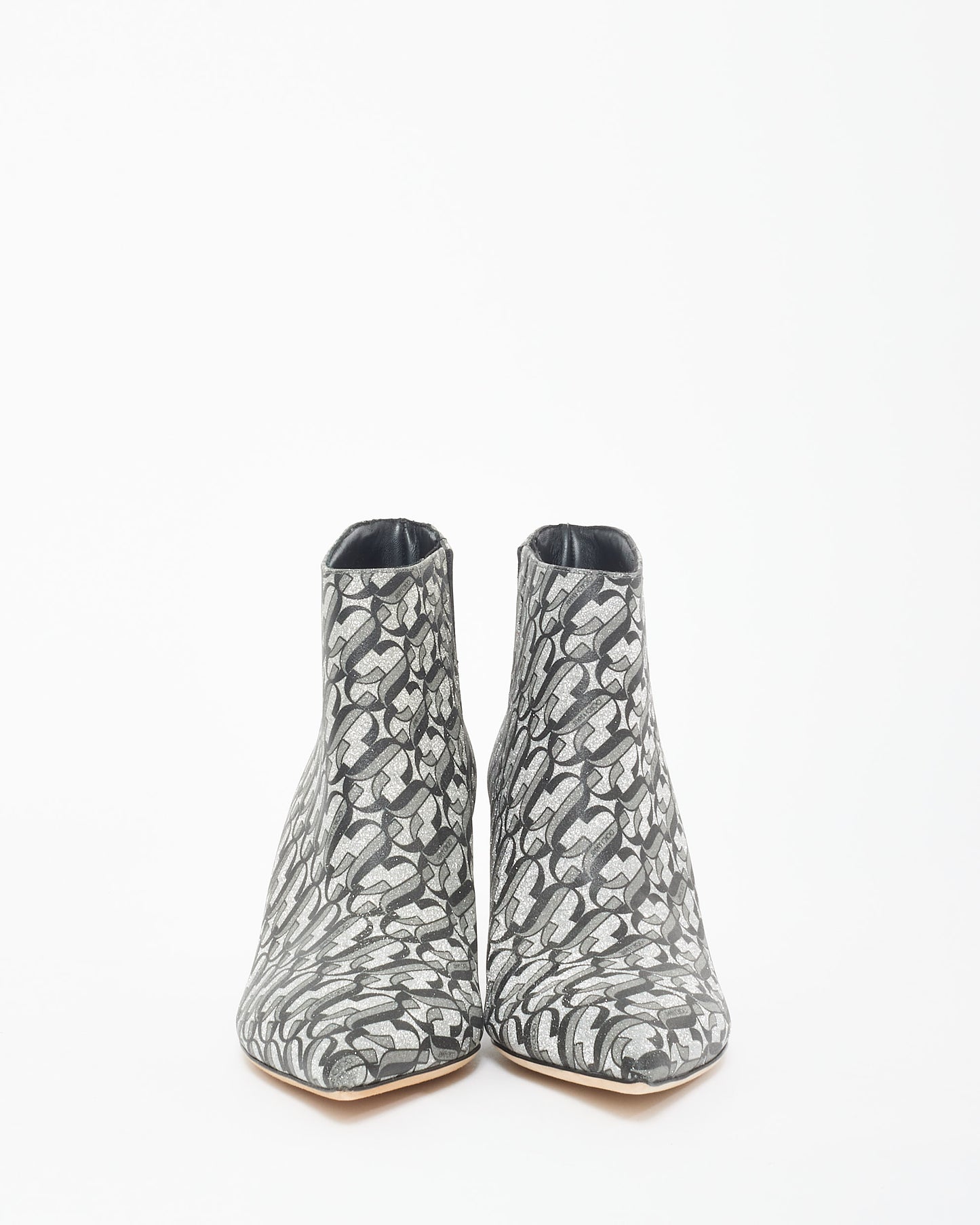 Jimmy Choo Silver Sparkle Logo Heeled Booties - 36