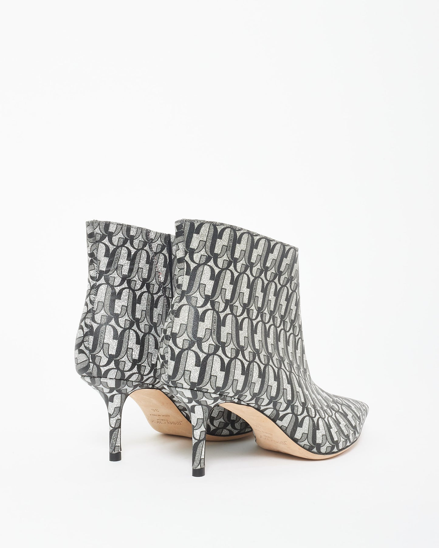 Jimmy Choo Silver Sparkle Logo Heeled Booties - 36