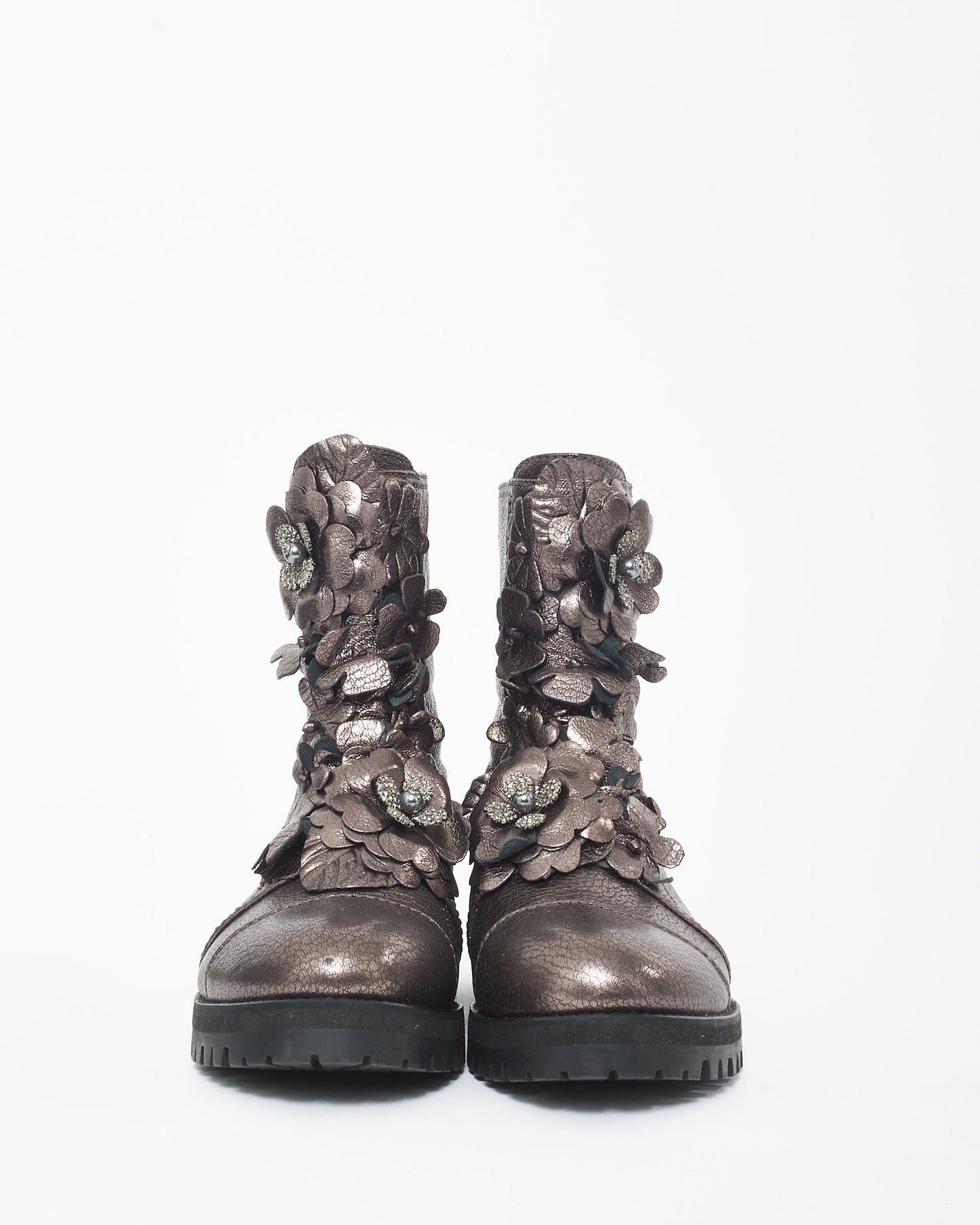 Jimmy Choo Gunmetal Floral Appliqué Combat Boots - 35.5