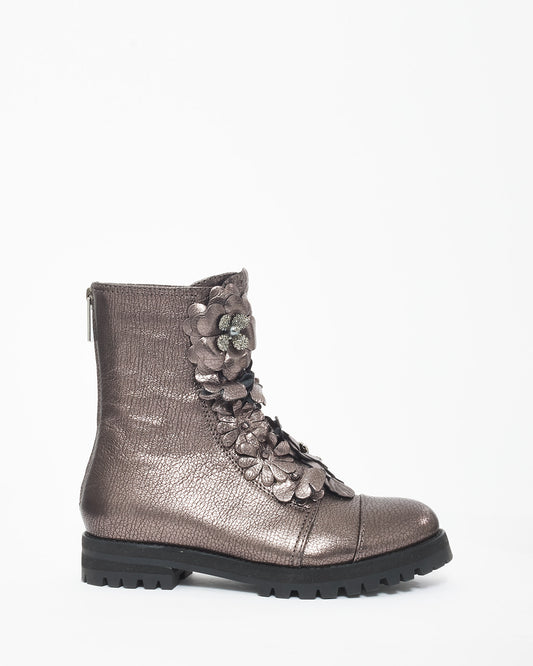 Jimmy Choo Gunmetal Floral Appliqué Combat Boots - 35.5