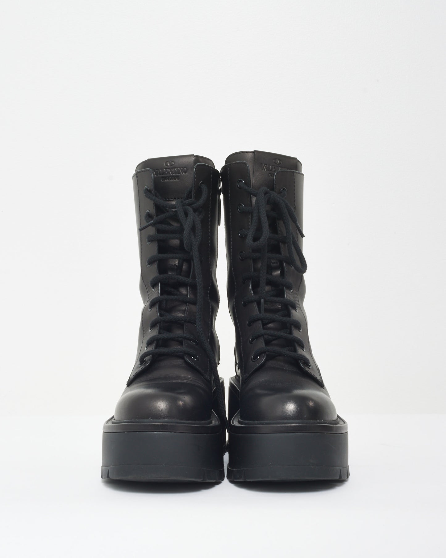 Valentino Black Leather VLogo Platform Combat Boots - 38