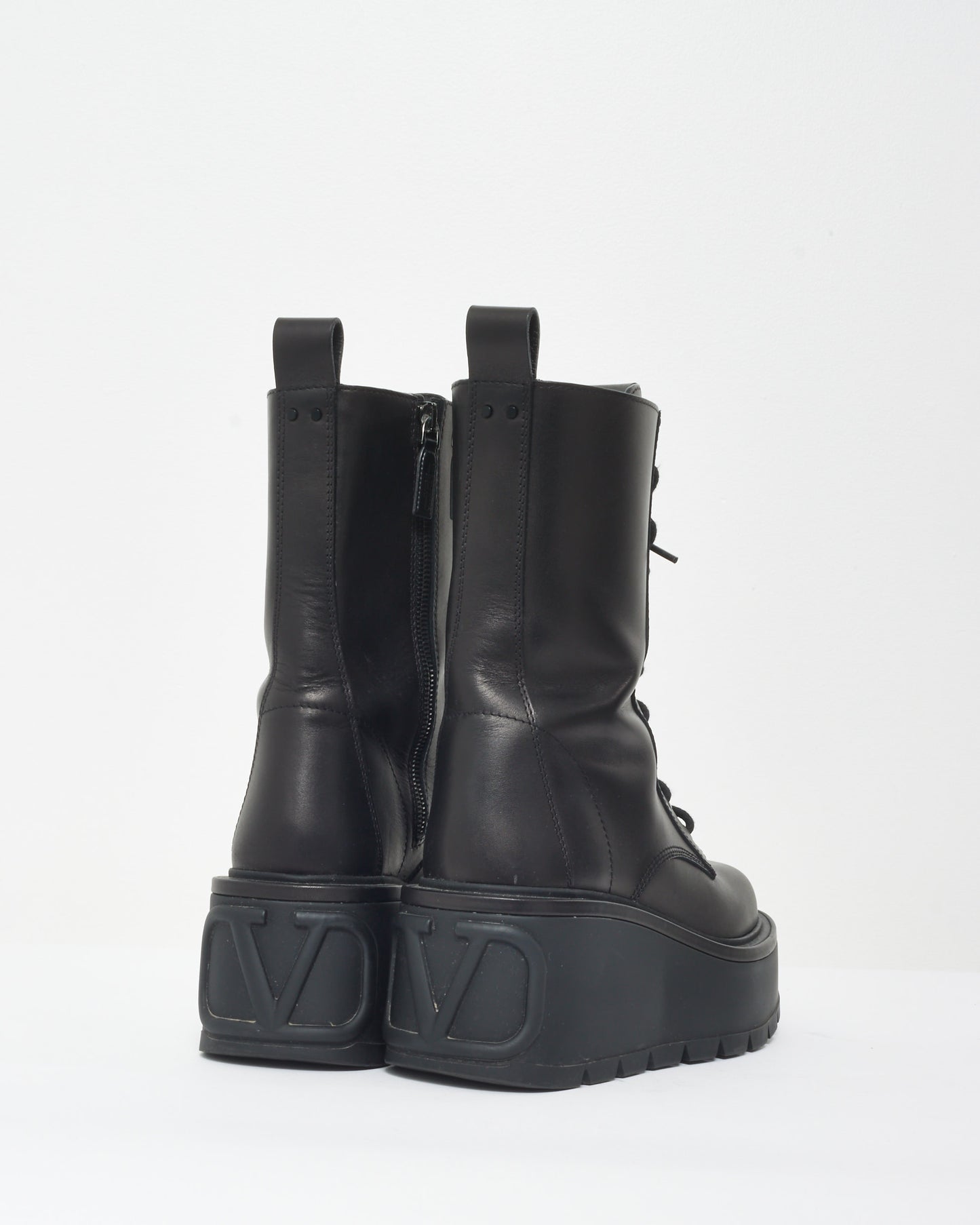 Valentino Black Leather VLogo Platform Combat Boots - 38