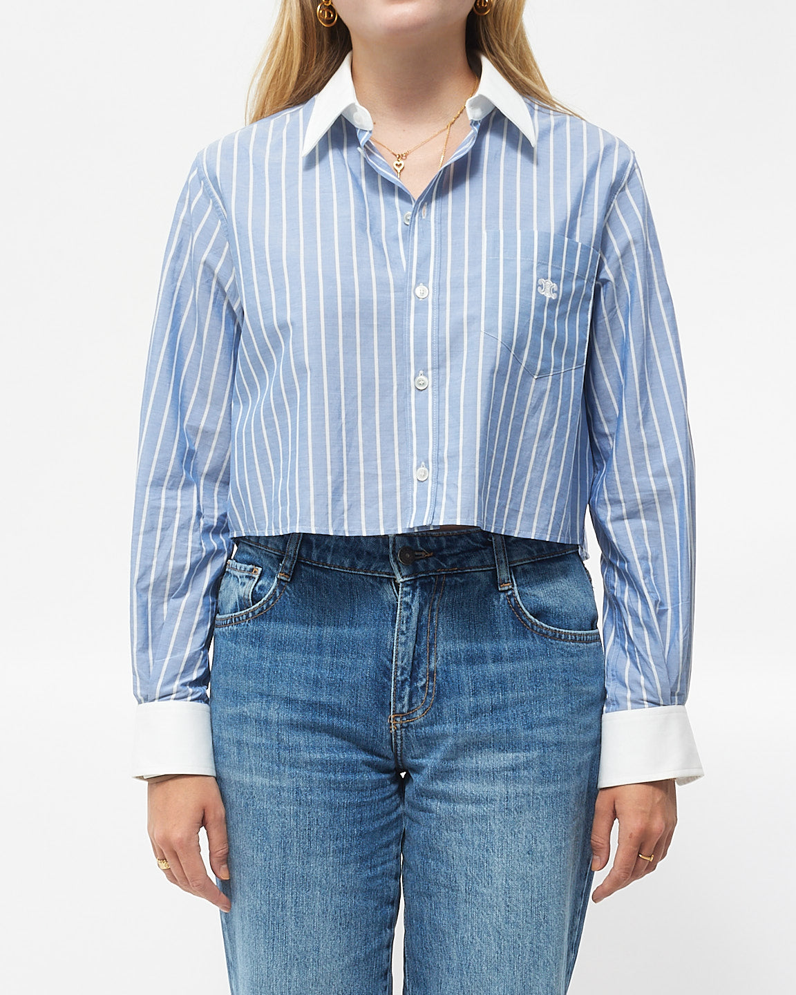 Celine Blue 
White Striped Cotton Logo Cropped Button Down Shirt - 34