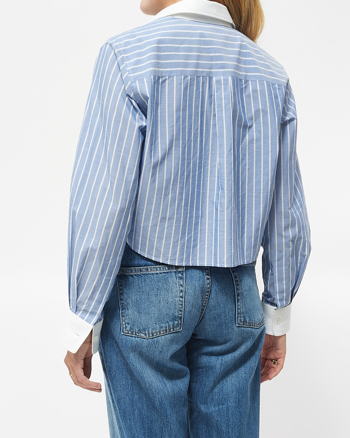 Celine Blue 
White Striped Cotton Logo Cropped Button Down Shirt - 34