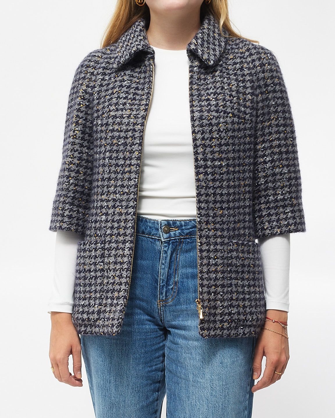 Chanel 3/4 Sleeve Navy/Grey/Gold Tweed Jacket - 36