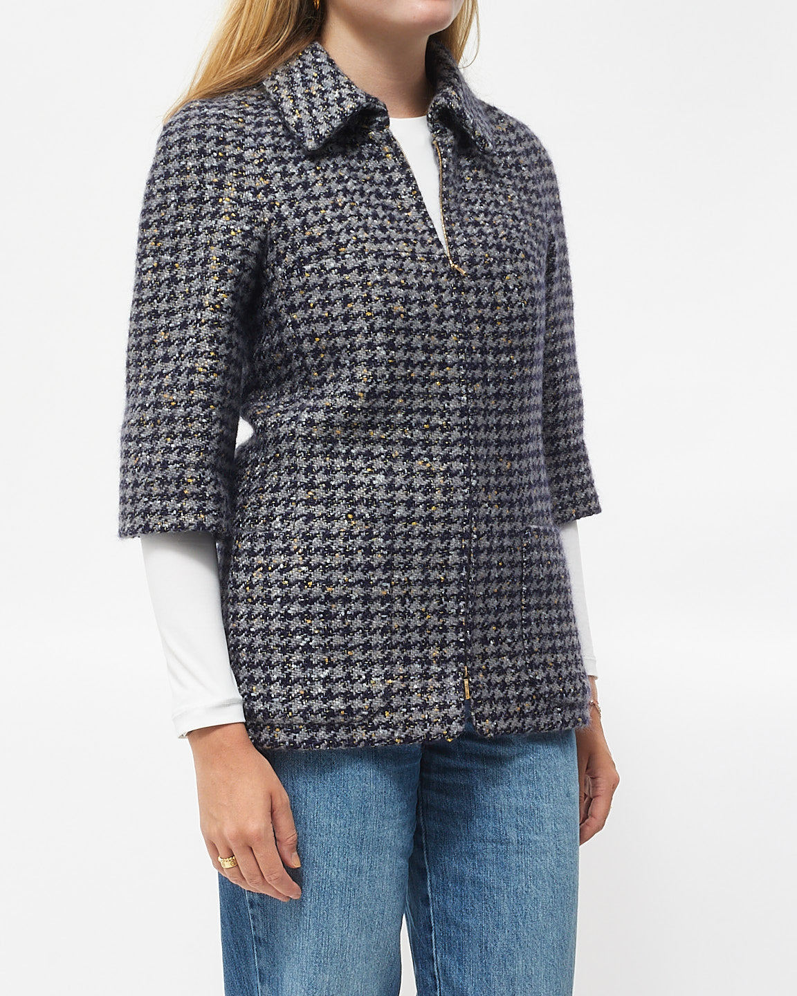 Chanel 3/4 Sleeve Navy/Grey/Gold Tweed Jacket - 36