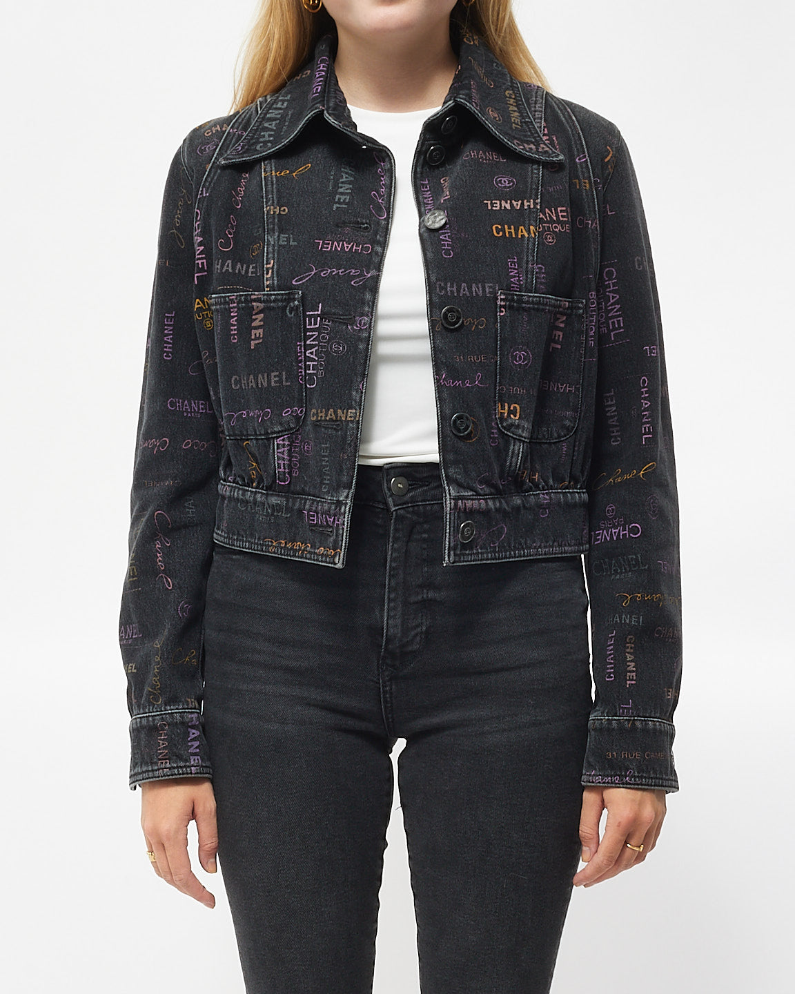 Chanel Grey Denim 22P Multi Color Logo Jacket - 36