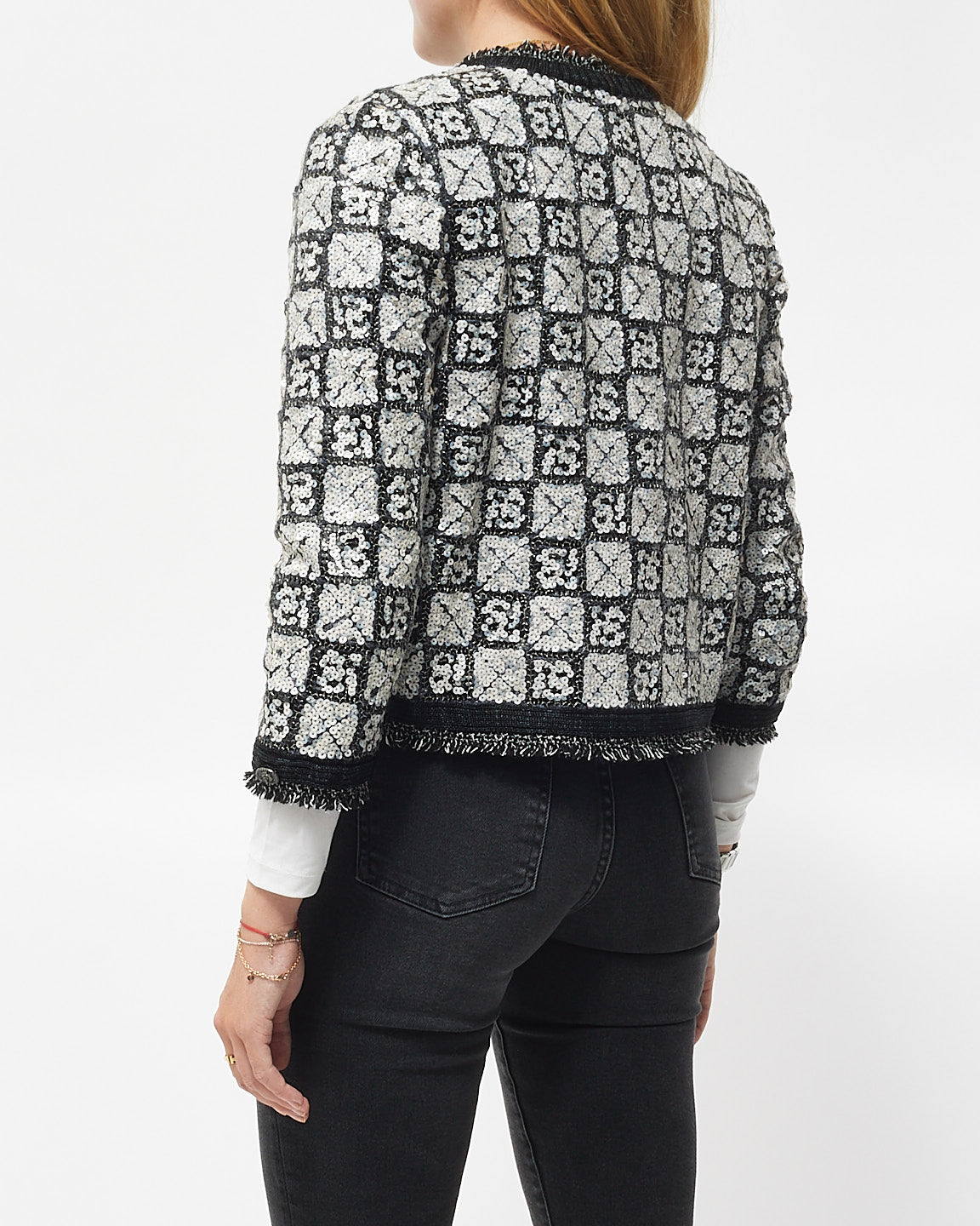 Chanel Black 
White Sequin Tweed Jacket - 36