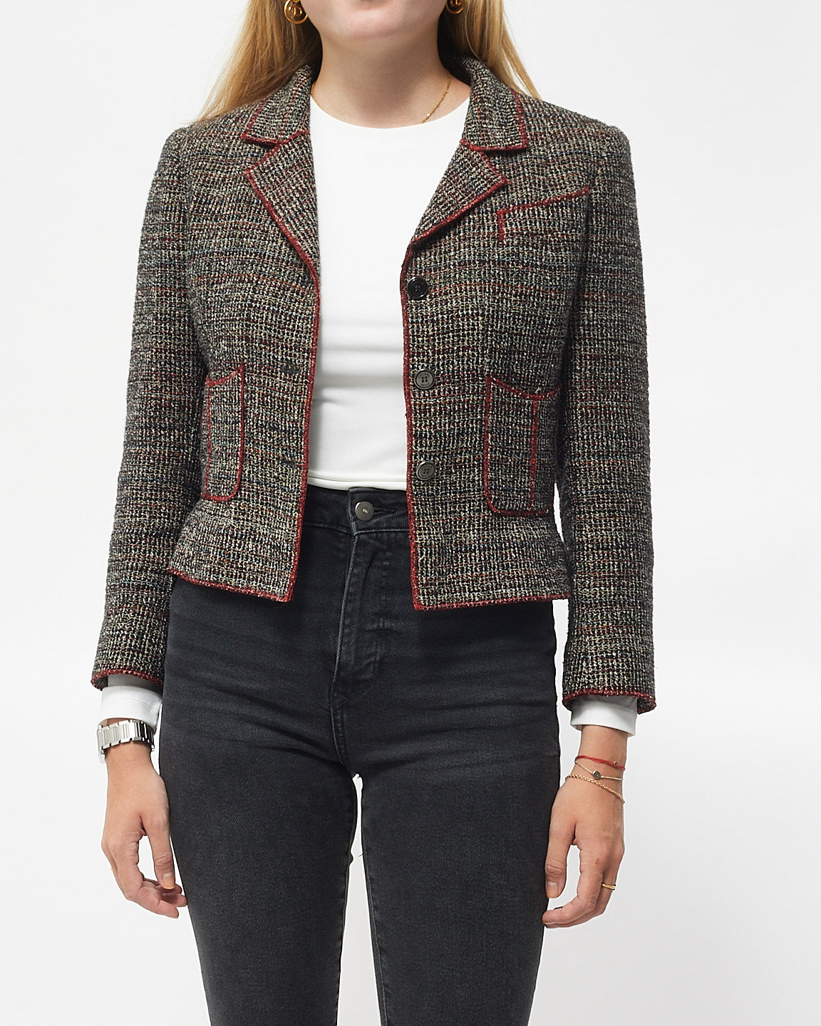 Chanel Red/Navy/Black Tweed Pocket Jacket - 36