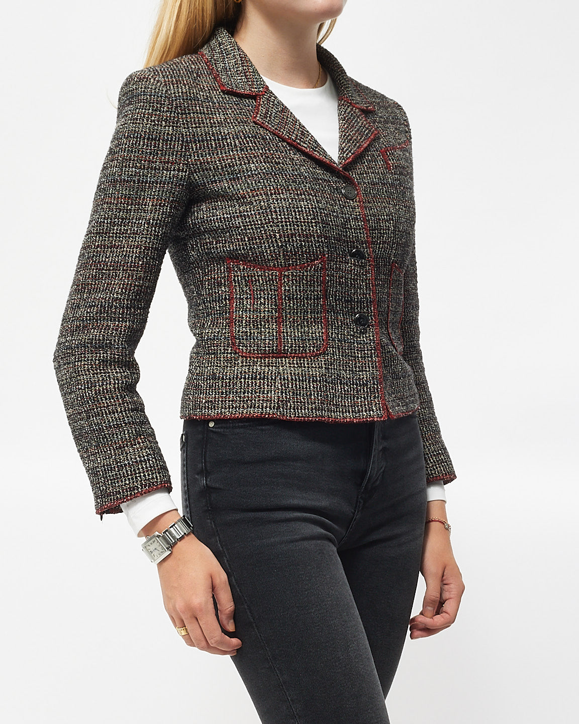 Chanel Red/Navy/Black Tweed Pocket Jacket - 36