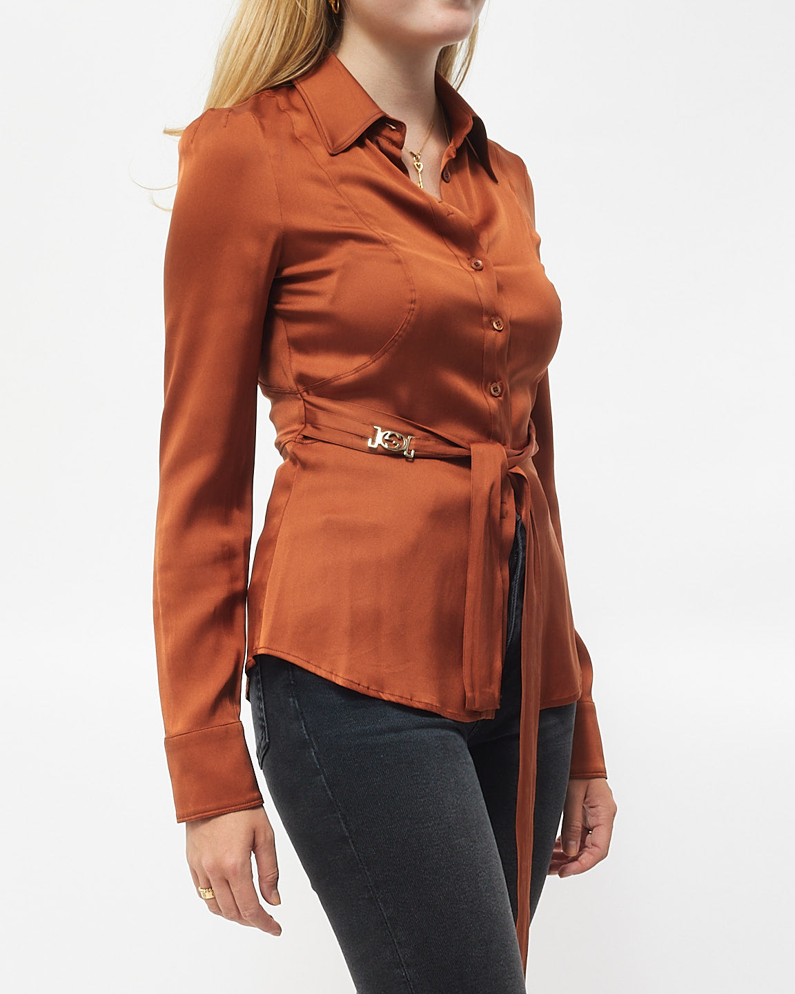 Gucci Orange (Rust) Silk Blouse with GG Logo Belt - XS