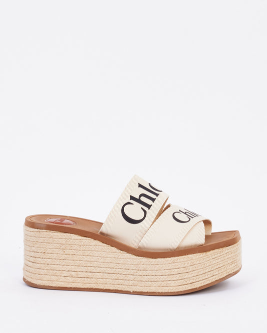 Chloé Beige Canvas Logo Woody Espadrille Wedges - 39