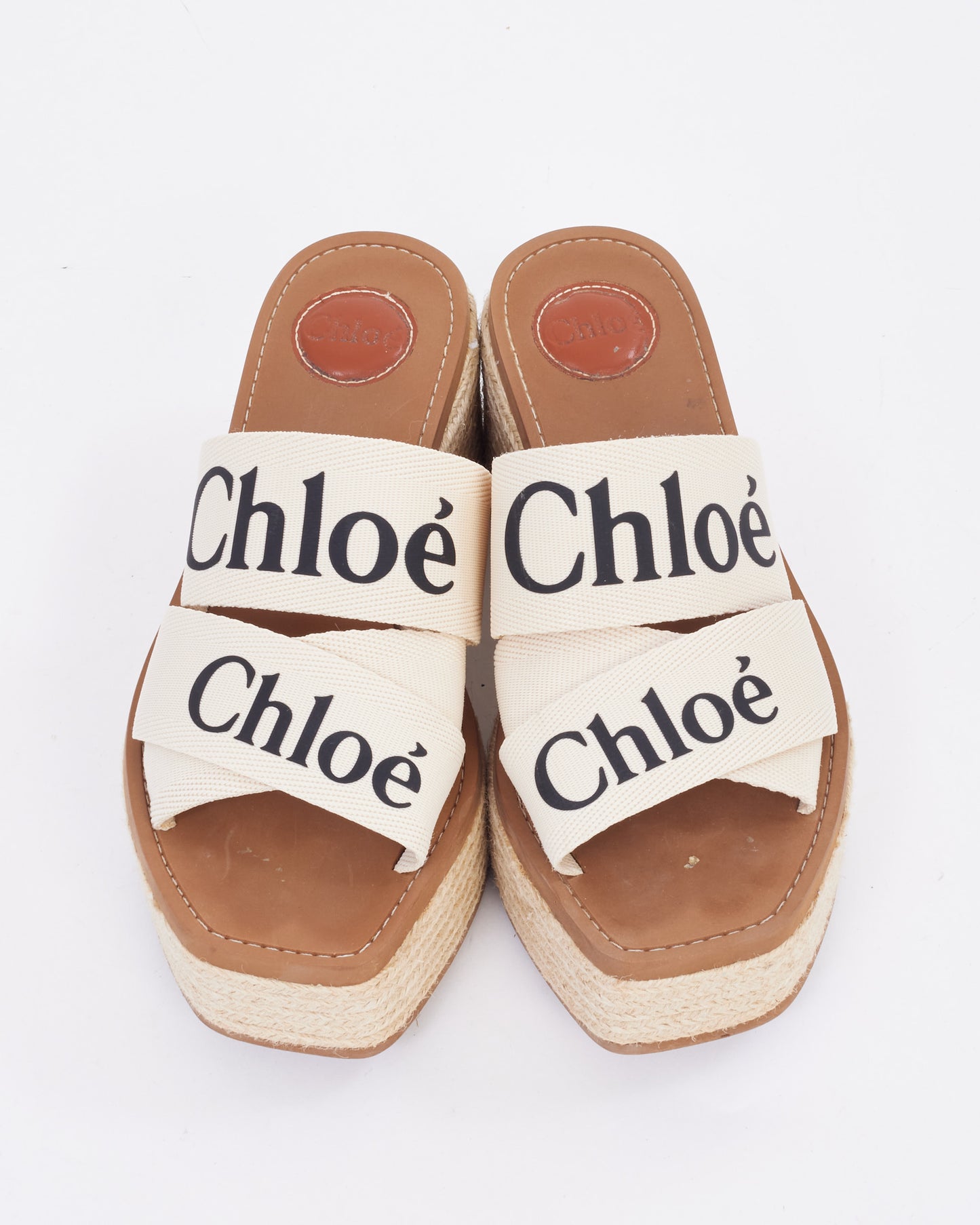 Chloé Beige Canvas Logo Woody Espadrille Wedges - 39