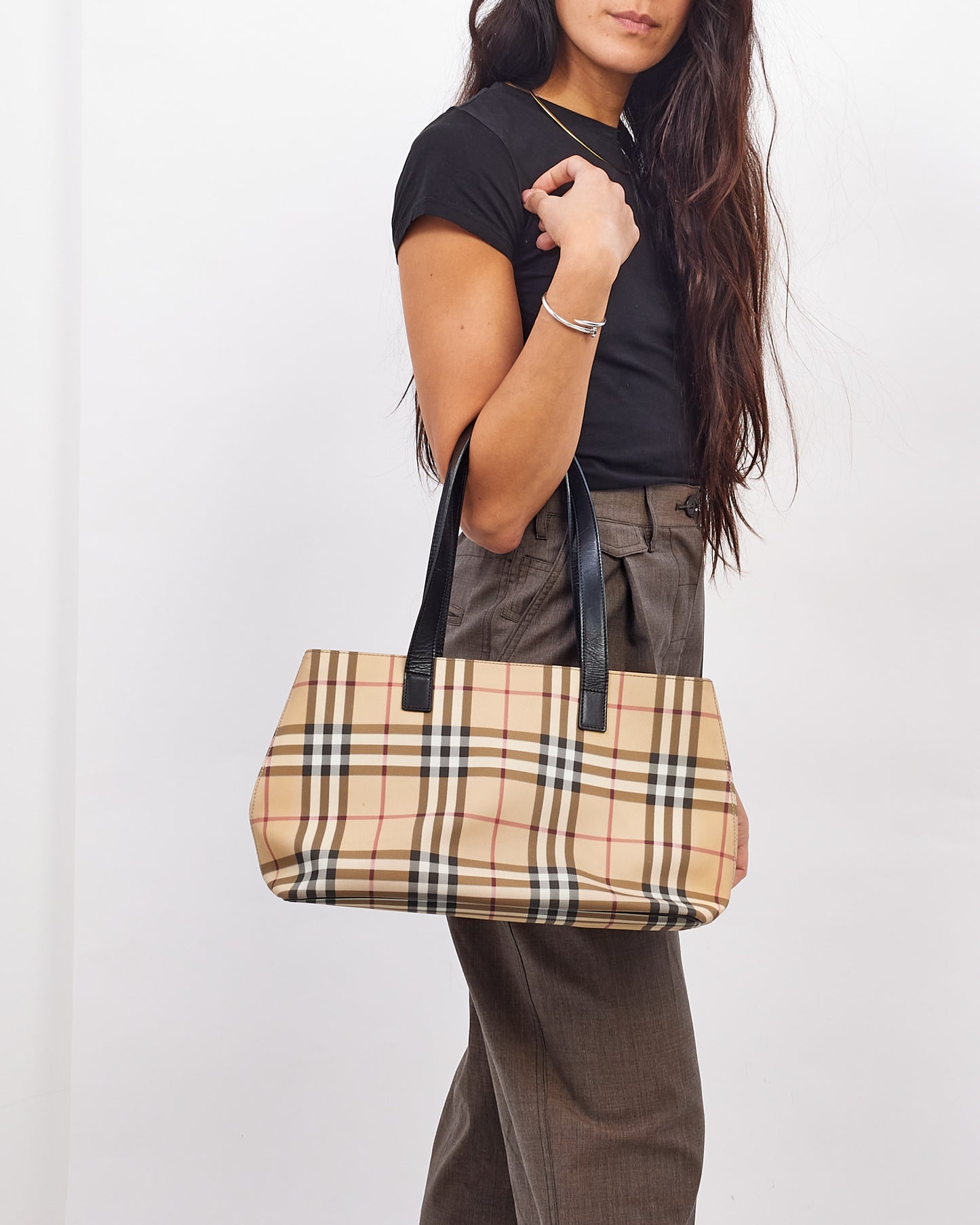 Burberry Beige Canvas Nova Check Print Tote Bag