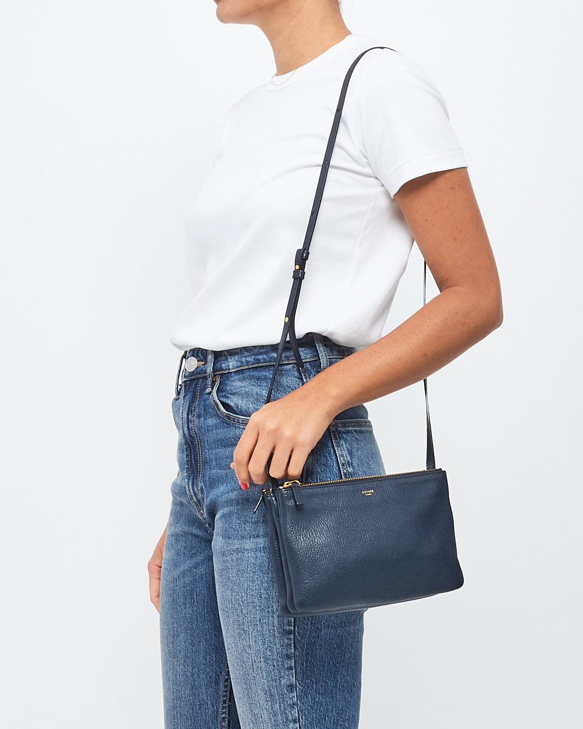 Celine Navy Blue Leather Small Trio Crossbody Bag